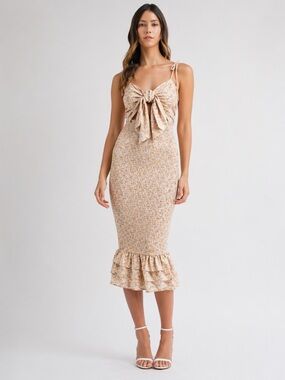 Mable Smocked Ruffled Midi Floral Sundress Size S Bodycon Beige White